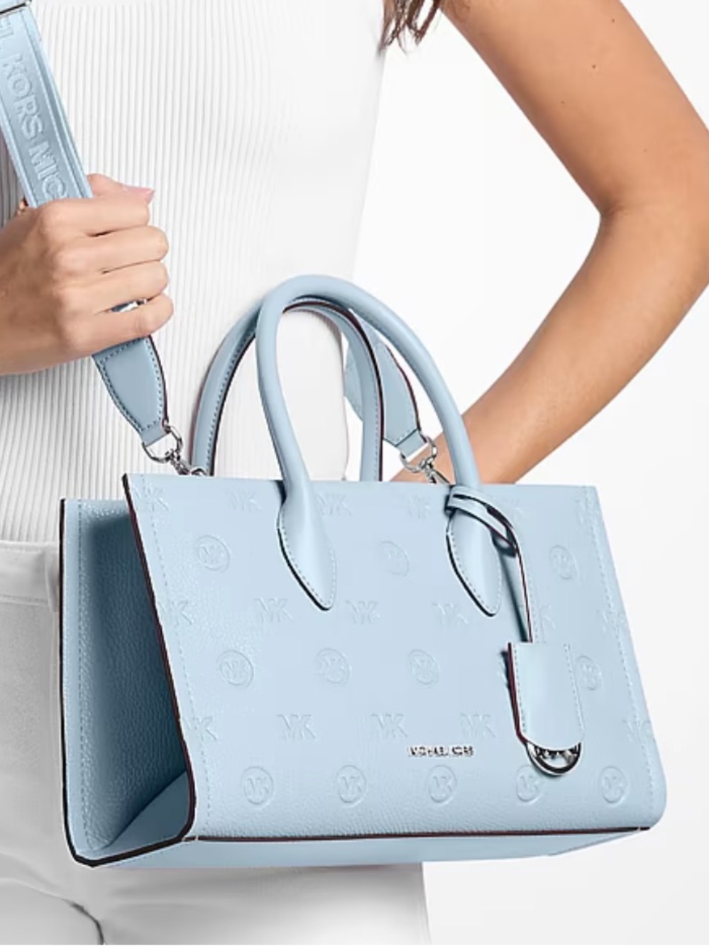 Michael Kors Mirella Md Logo Debossed EW TZip Satchel Shoulder Tote
Pale Ocean